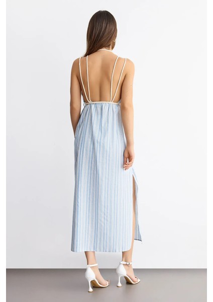 Kadın Çizgili Bağcıklı İnce Askılı Maxi Elbise Buz Mavisi