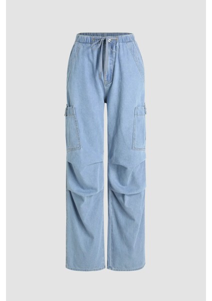 Kadın Elastik Bel Kargo Kot Pantolon Blue