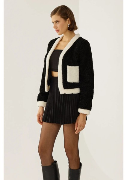 Kadın Sherpa Kontrast Detaylı Ceket Siyah