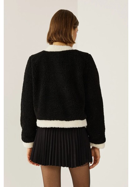 Kadın Sherpa Kontrast Detaylı Ceket Siyah