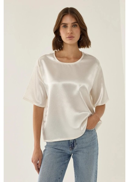 Kadın Saten Bisiklet Yaka Bluz Natural