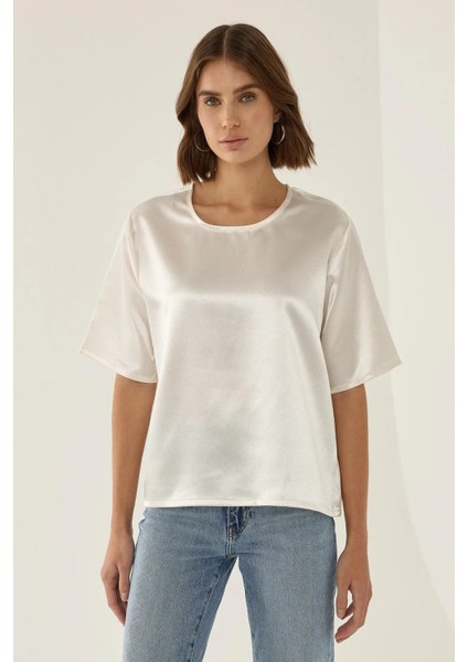 Kadın Saten Bisiklet Yaka Bluz Natural