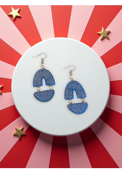 Muffyclay Özel Tasarım, El Yapımı Polimer Kil Sallantılı Mavi, Gold Detaylı Küpe