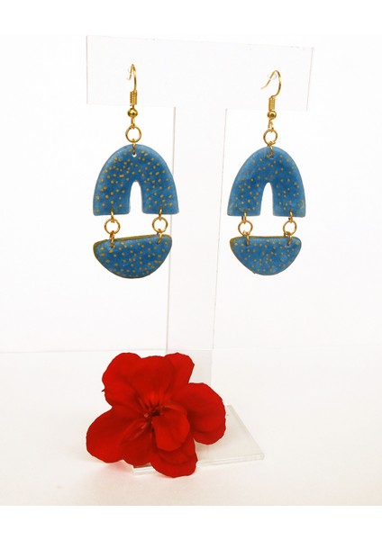 Muffyclay Özel Tasarım, El Yapımı Polimer Kil Sallantılı Mavi, Gold Detaylı Küpe fırsatları