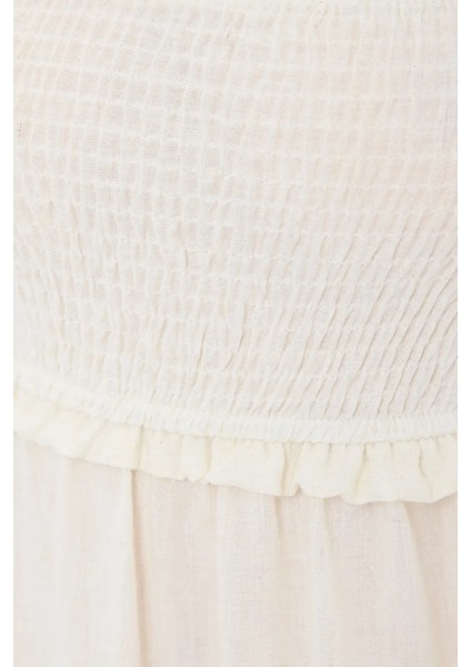 Kadın Sıkmalı İnce Askılı Midi Elbise Natural