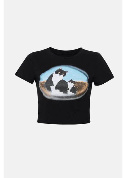 Kadın Baskılı Pamuklu Crop Tişört Siyah