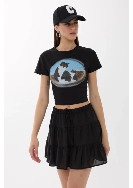 Kadın Baskılı Pamuklu Crop Tişört Siyah