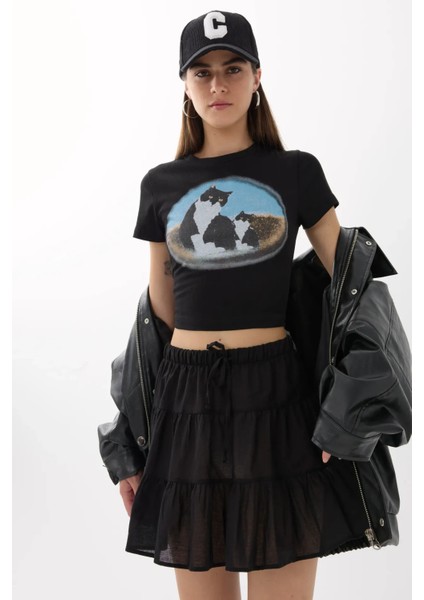 Kadın Baskılı Pamuklu Crop Tişört Siyah