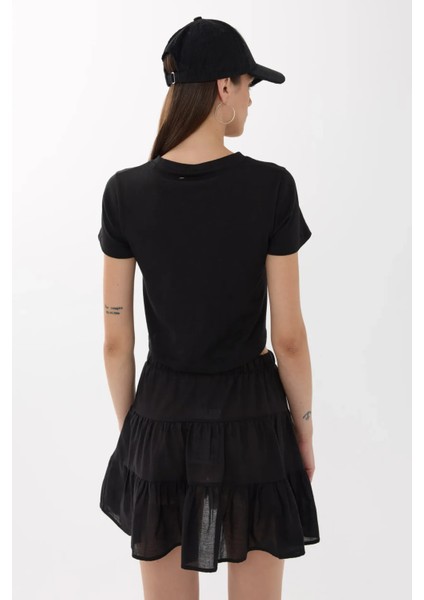 Kadın Baskılı Pamuklu Crop Tişört Siyah