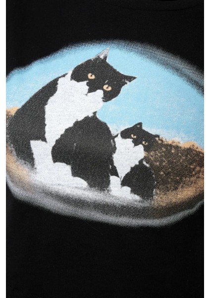 Kadın Baskılı Pamuklu Crop Tişört Siyah