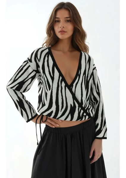 Kadın Zebra Desenli V Yaka Kazak Çok Renkli