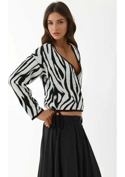 Kadın Zebra Desenli V Yaka Kazak Çok Renkli