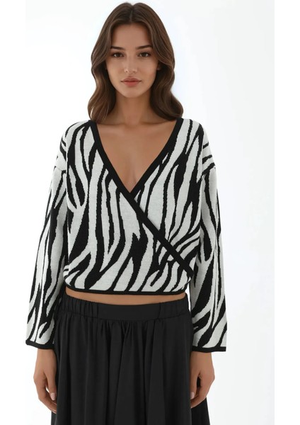 Kadın Zebra Desenli V Yaka Kazak Çok Renkli