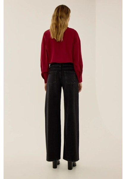 Kadın Yıkama Efektli Dikiş Detaylı Wide Leg Kot Pantolon Black