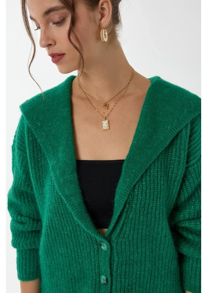 Kadın Rahat Kesim Düğmeli Örme Hırka Green
