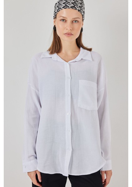 Kadın Bdart Cep Detaylı Oversize Düğmeli Keten Karışımlı Gömlek White modelleri
