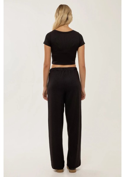 Kadın Örme Crop Bluz & Lastikli Pantolon Takım Siyah