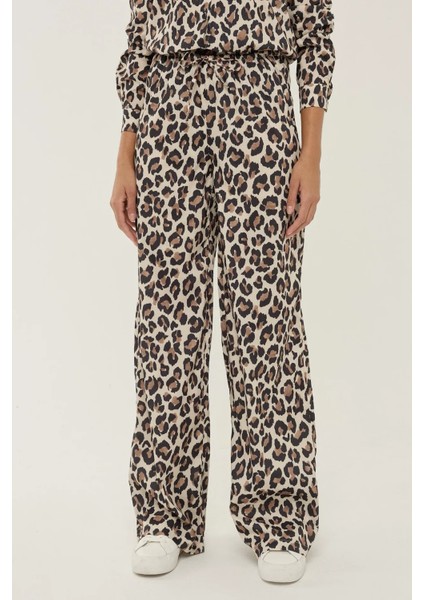 Kadın Leopar Desenli Düz Kesim Pantolon Brown