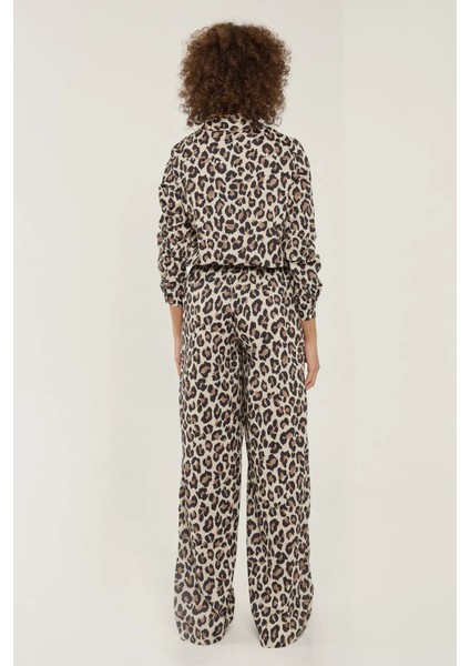 Kadın Leopar Desenli Düz Kesim Pantolon Brown