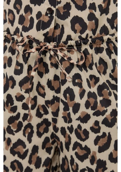 Kadın Leopar Desenli Düz Kesim Pantolon Brown