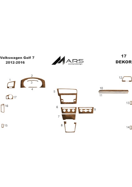 Volkswagen Golf 7 Piano Black Kaplama 2012 - 2016 17 Parça Açık Meşe