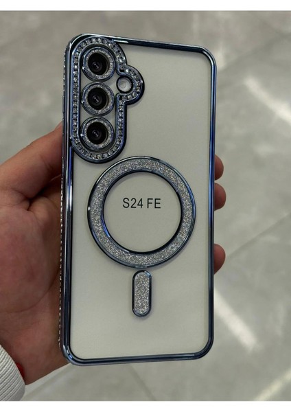 Samsung Galaxy S24 Fe Kılıf Elmas Taşlı Tuşlu Arka Şeffaf Kamera Lens Üstü Korumalı Magsafe Manyetik