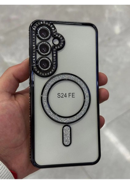 Samsung Galaxy S24 Fe Kılıf Elmas Taşlı Tuşlu Arka Şeffaf Kamera Lens Üstü Korumalı Magsafe Manyetik