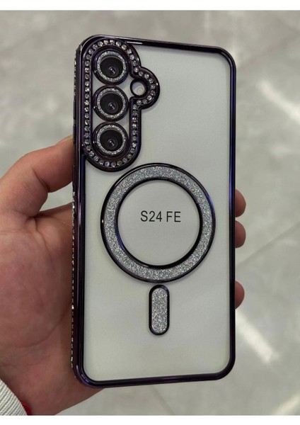 Samsung Galaxy S24 Fe Kılıf Elmas Taşlı Tuşlu Arka Şeffaf Kamera Lens Üstü Korumalı Magsafe Manyetik