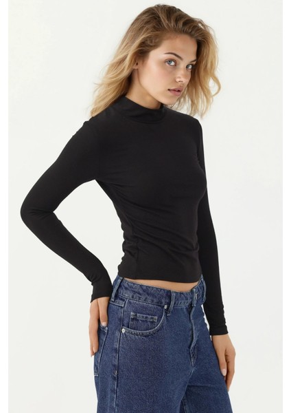Kadın Slim Fit Turtleneck Uzun Kollu Yumuşak Viskon Üst Black