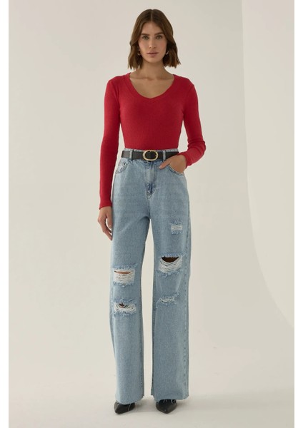 Kadın Yırtık Yüksek Bel Geniş Paça Denim Jeans Maya Mavisi