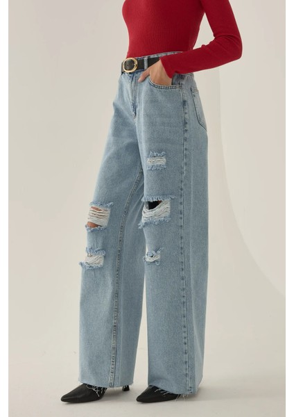 Kadın Yırtık Yüksek Bel Geniş Paça Denim Jeans Maya Mavisi