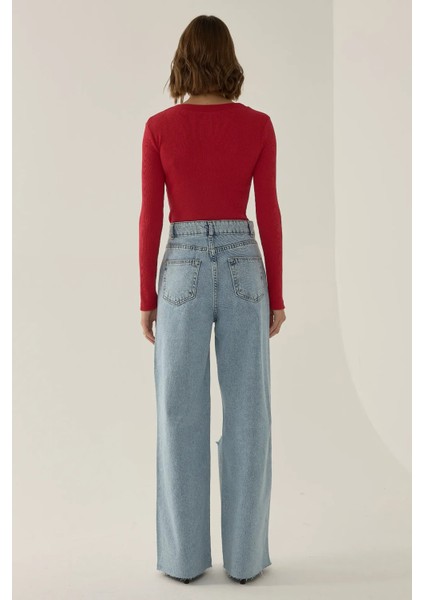 Kadın Yırtık Yüksek Bel Geniş Paça Denim Jeans Maya Mavisi