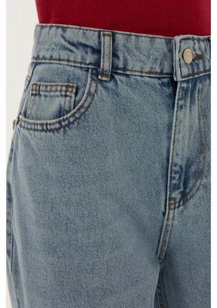 Kadın Yırtık Yüksek Bel Geniş Paça Denim Jeans Maya Mavisi