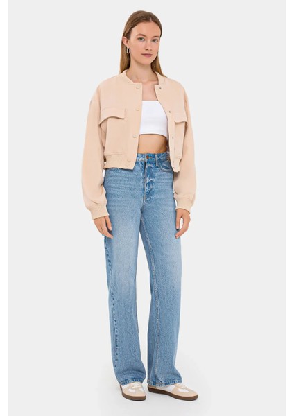 Kadın Cepli Yuvarlak Yaka Bomber Ceket Krem Doğal