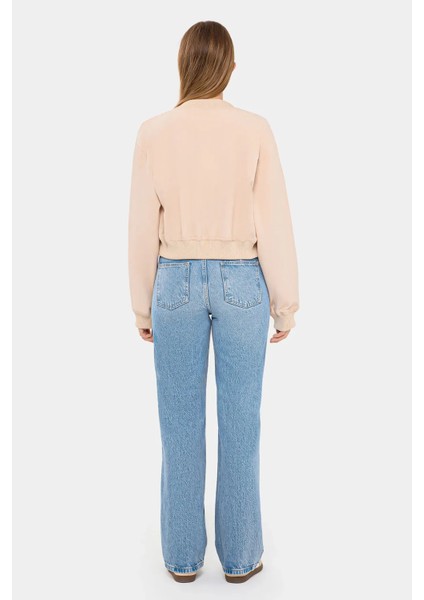 Kadın Cepli Yuvarlak Yaka Bomber Ceket Krem Doğal