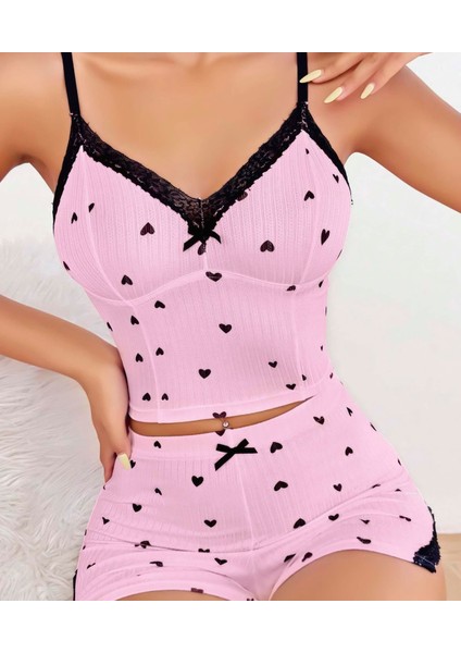 Pembe Kalp Desenli Askılı Şortlu Pijama Takım fiyatları