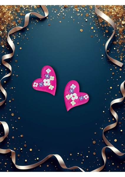 Muffyclay Özel Tasarım, El Yapımı Polimer Kil Pembe Kalp Üzeri Çiçek Motifli Küpe