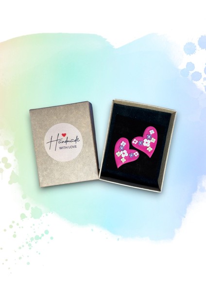 Muffyclay Özel Tasarım, El Yapımı Polimer Kil Pembe Kalp Üzeri Çiçek Motifli Küpe fiyatları