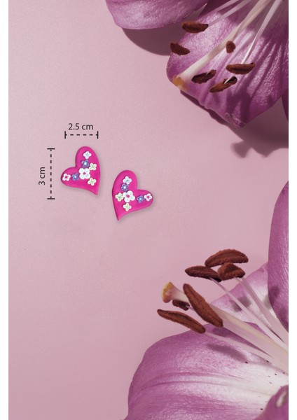 Muffyclay Özel Tasarım, El Yapımı Polimer Kil Pembe Kalp Üzeri Çiçek Motifli Küpe indirimleri