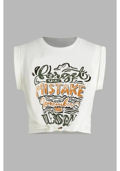 Kadın Baskılı Kısa Tişört Tozlu Beyaz