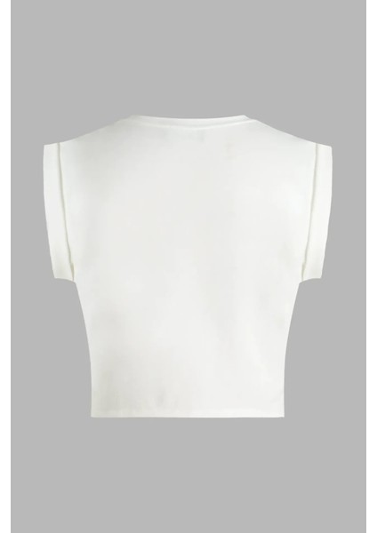 Kadın Baskılı Kısa Tişört Tozlu Beyaz