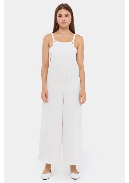 Kadın Düğmeli Ön Geniş Paça Tulum White