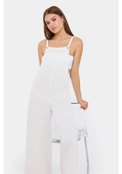 Kadın Düğmeli Ön Geniş Paça Tulum White