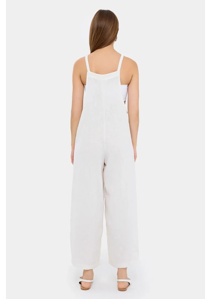 Kadın Düğmeli Ön Geniş Paça Tulum White