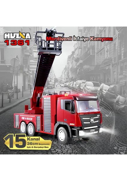 Huına 1361 1/18 15CH Rc Model Uzaktan Kumandalı Merdivenli Yangın Söndürme Itfaiye Kamyonu Iş Makinesi -Su Püskürtme Fonksiyonlu-2.4g Gerçekçi Similasyon Ses ve Işık Sistemi