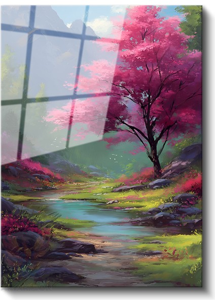 Cam Dikey Duvar Tablosu Cam Bahar Manzara Ev Ofis Salon Modern Duvar Tablosu