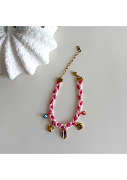 Çelik Charmlı Pembe Örgü Bileklik