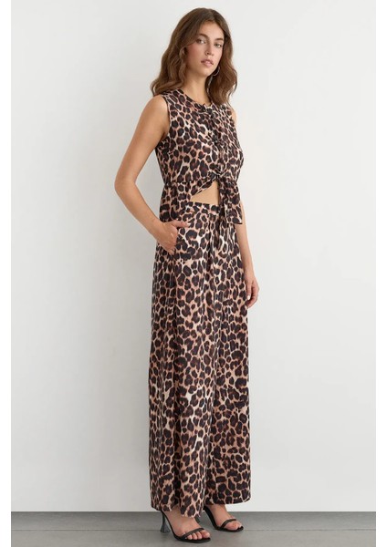Kadın Bağcıklı Orta Bel Geniş Bacaklı Hayvan Baskılı Pantolon Brown