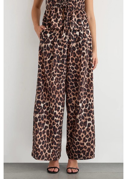 Kadın Bağcıklı Orta Bel Geniş Bacaklı Hayvan Baskılı Pantolon Brown