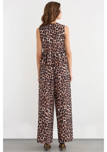 Kadın Bağcıklı Orta Bel Geniş Bacaklı Hayvan Baskılı Pantolon Brown
